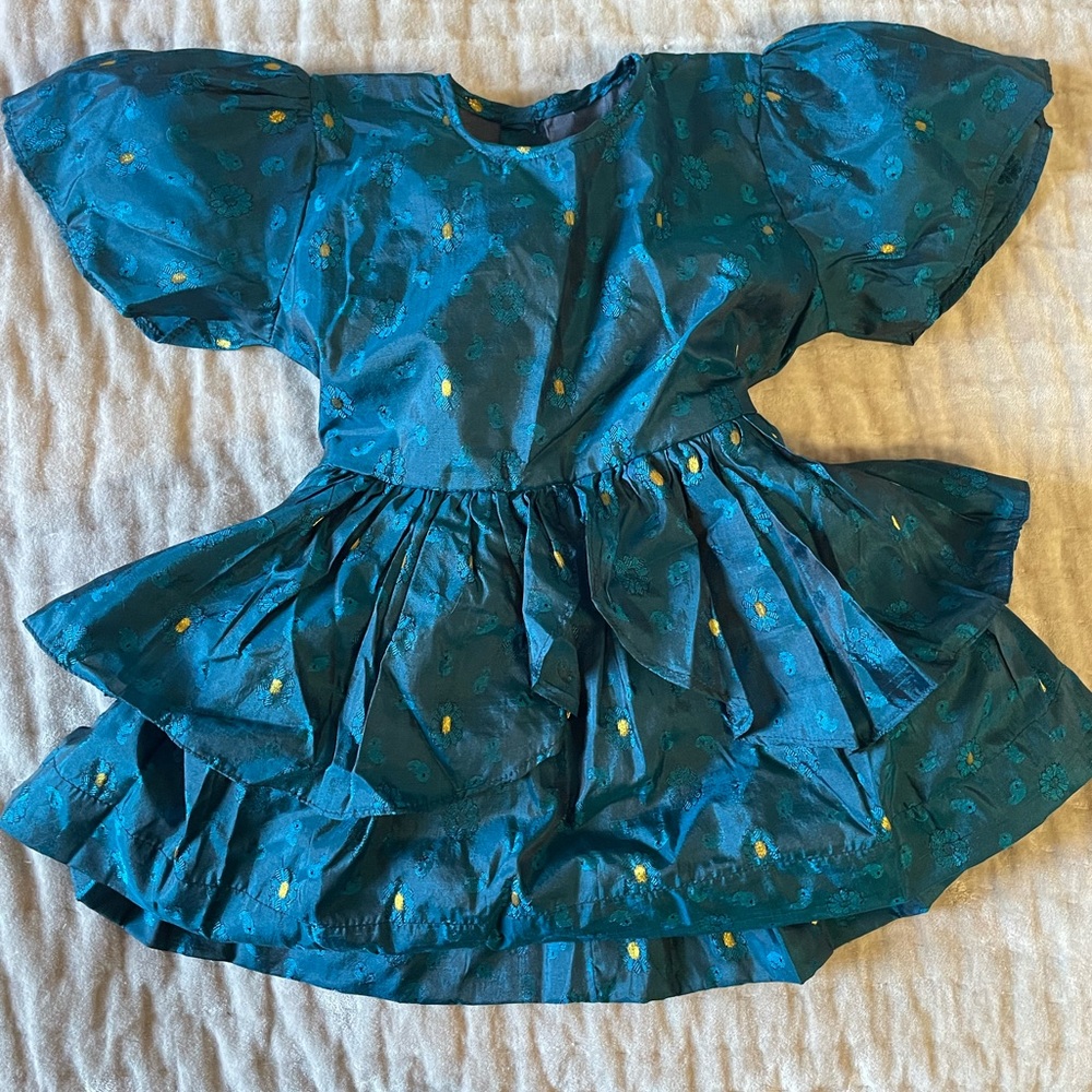 Girls Sweet Teal Gold Embroidered Silky Paisley Ruffled Tea Party Dress Frock